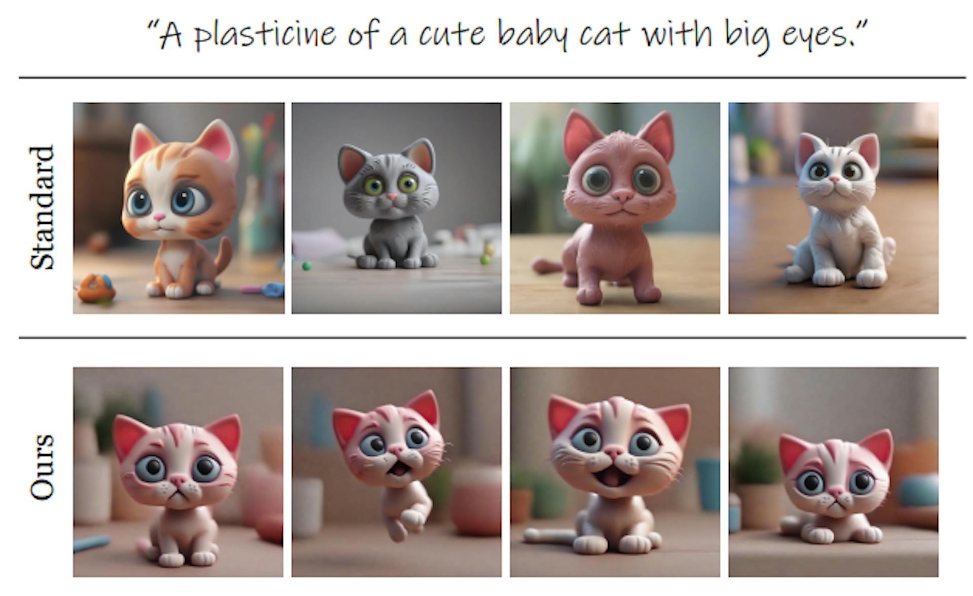 Figure 2. Identity consistency. Given the prompt “a Plasticine of a cute baby cat with big eyes”, a standard text-to-image diffusion model produces different cats (all corresponding to the input text), whereas our method produces the same cat.