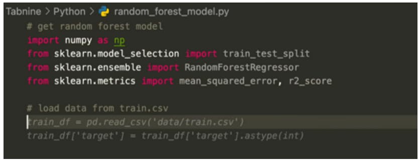 Figure 3 – Code generation using the Tabnine editor extension. The grey text after the cursor is being suggested by the model based on the comment on the preceding line. Source: tabnine.com