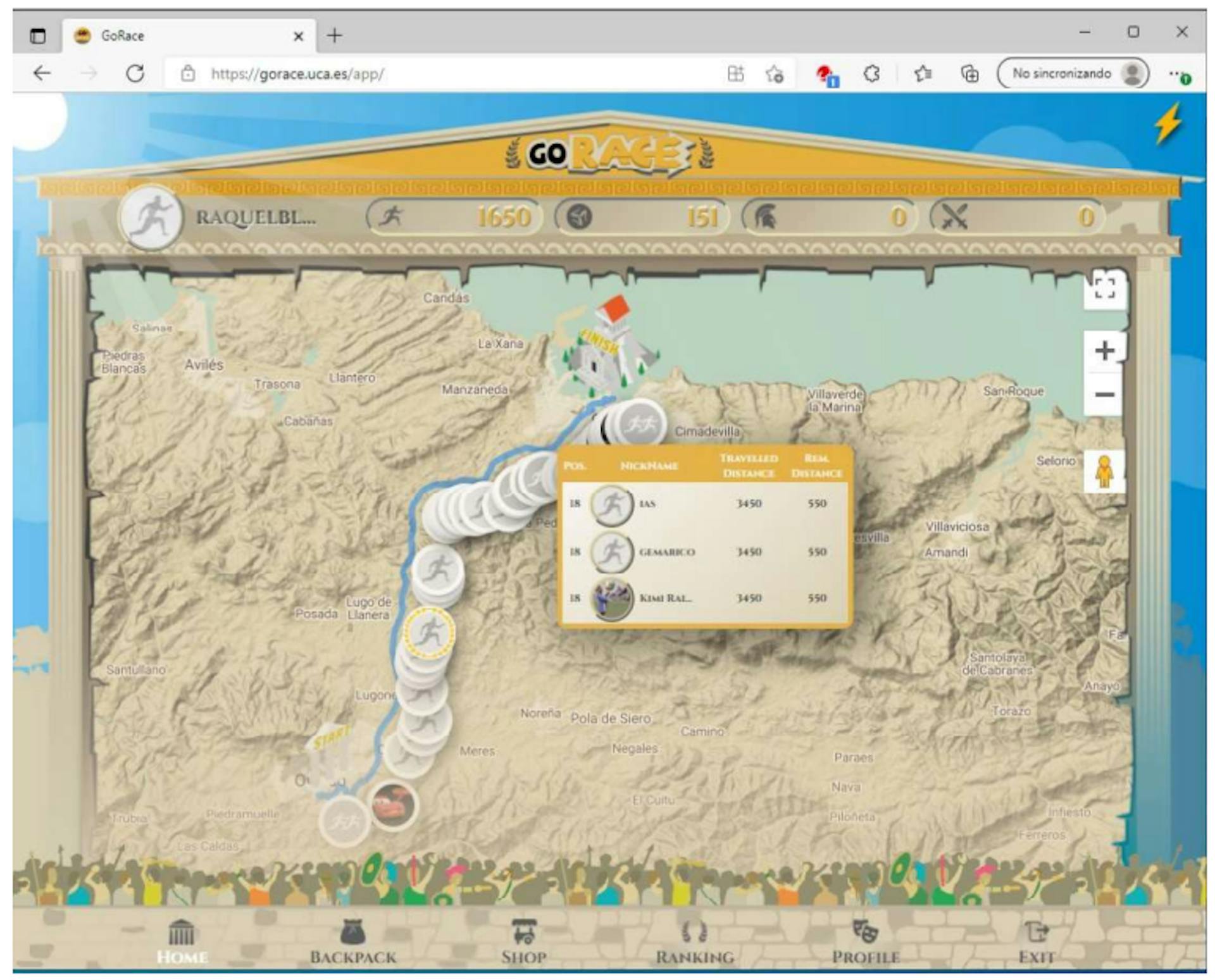 Figure 1. Map of the Olympic race in GoRace that shows the student position (circle with the border highlighted in yellow) and the positions of the competitors. 