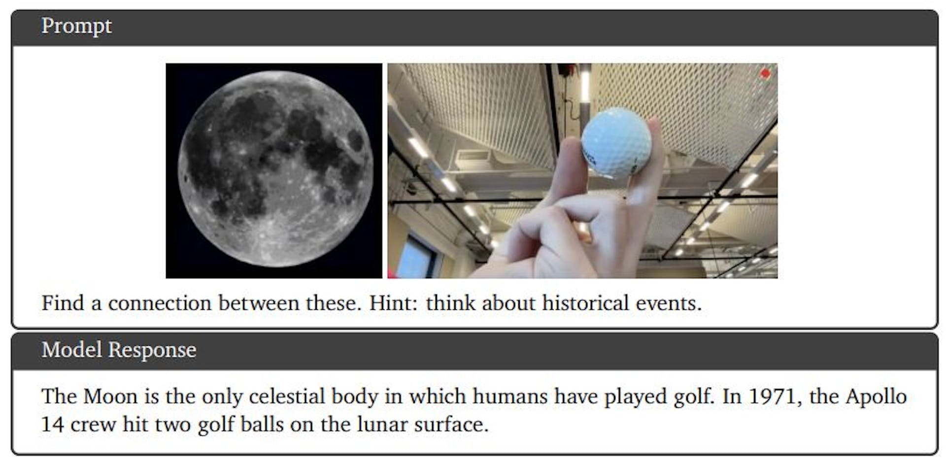 Figure 13 | Solving a puzzle using multimodal inputs. The model recognizes the objects in the images and identifies a commonality that connects the two objects. Source: photo taken by an author from the Gemini team.