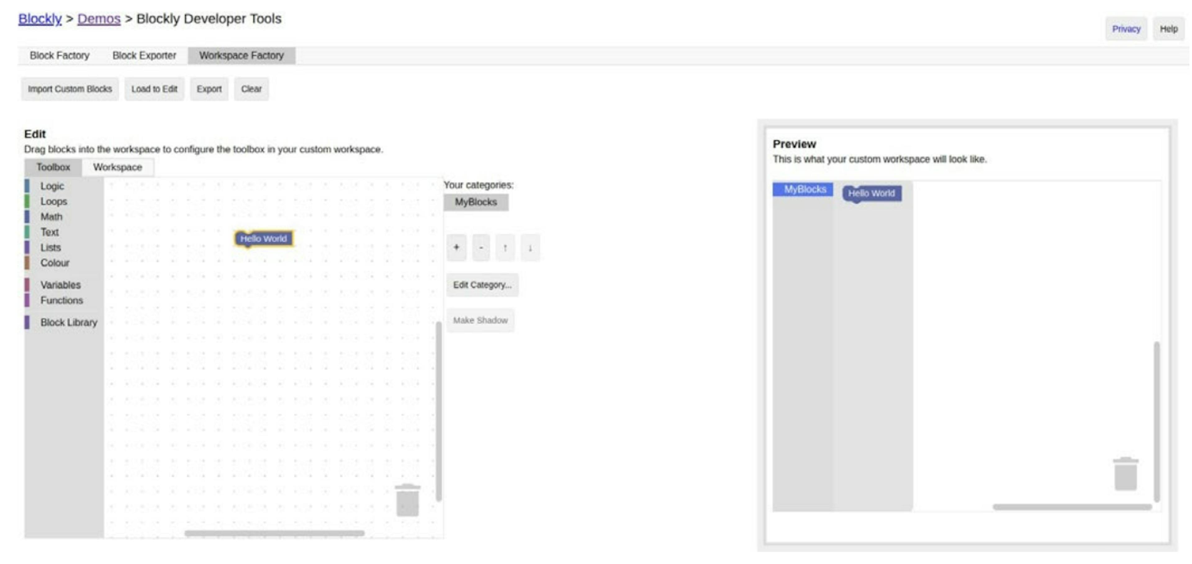 Figure 5: Step 3. Add the custom block to the newly created category in Blockly.