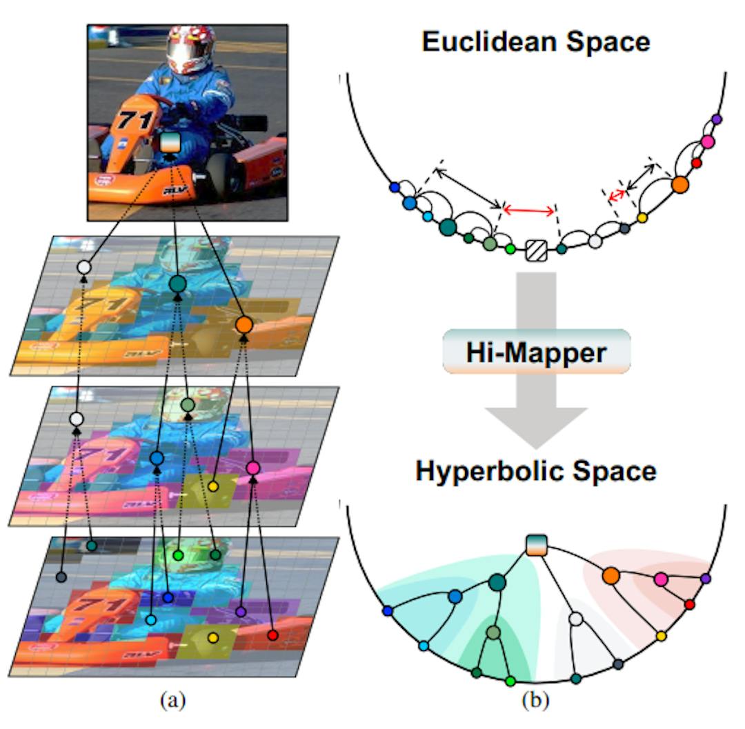 Figure 1. (a) A visual scene can be decomposed into a hierarchical structure based on the semantics of each visual element. (b) Euclidean space is suboptimal in representing the hierarchical structure due to its flat nature. The relational distance is inaccurately captured, being unaware of the semantic similarity of visual elements (Red line). Hi-Mapper maps the hierarchical elements in hyperbolic space, which effectively preserves their semantic relations and distances due to its constant negative curvature.