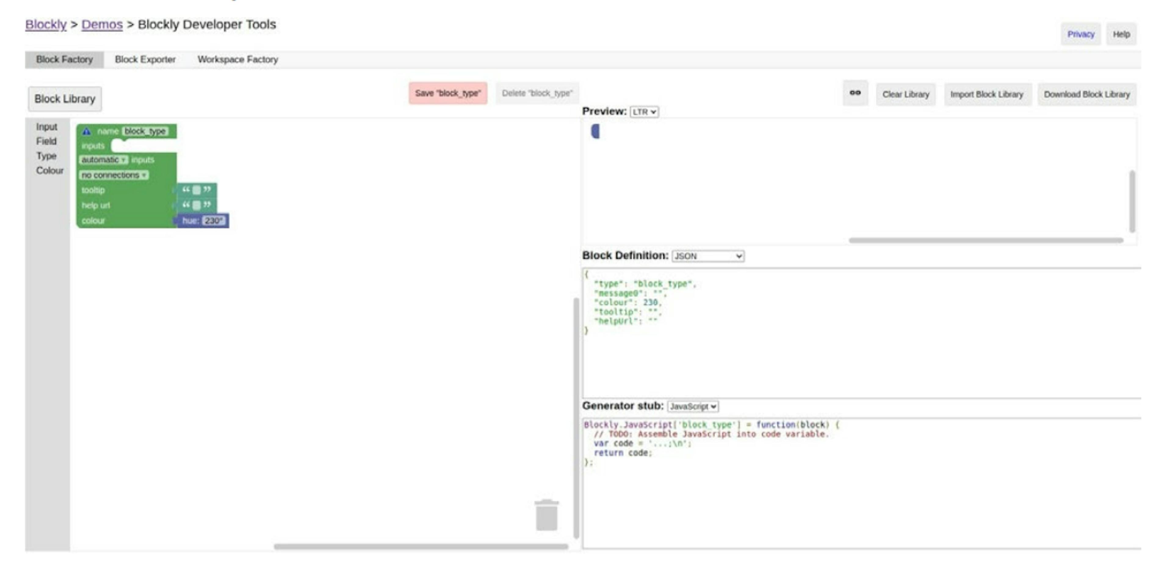 Figure 1: Step 1. Custom block in the "Blockly Developer Tools" and name the custom block "helloworld." https://blockly-demo.appspot.com/static/demos/blockfactory/index.html