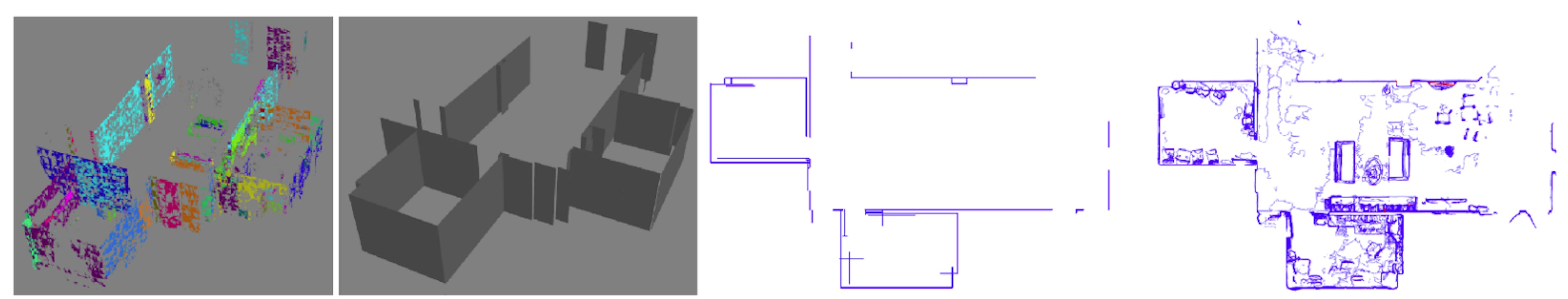 Fig. 13. First: DBSCAN clustering results for building B2. Second: plane-fitted flat walls. Third: drafting-style floor plan. Fourth: pen-and-ink style floor plan.