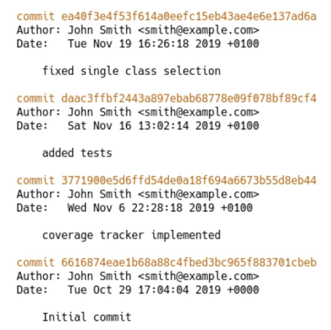 Figure 9: Complete git log of a student from 2019 (without, Gamekins)