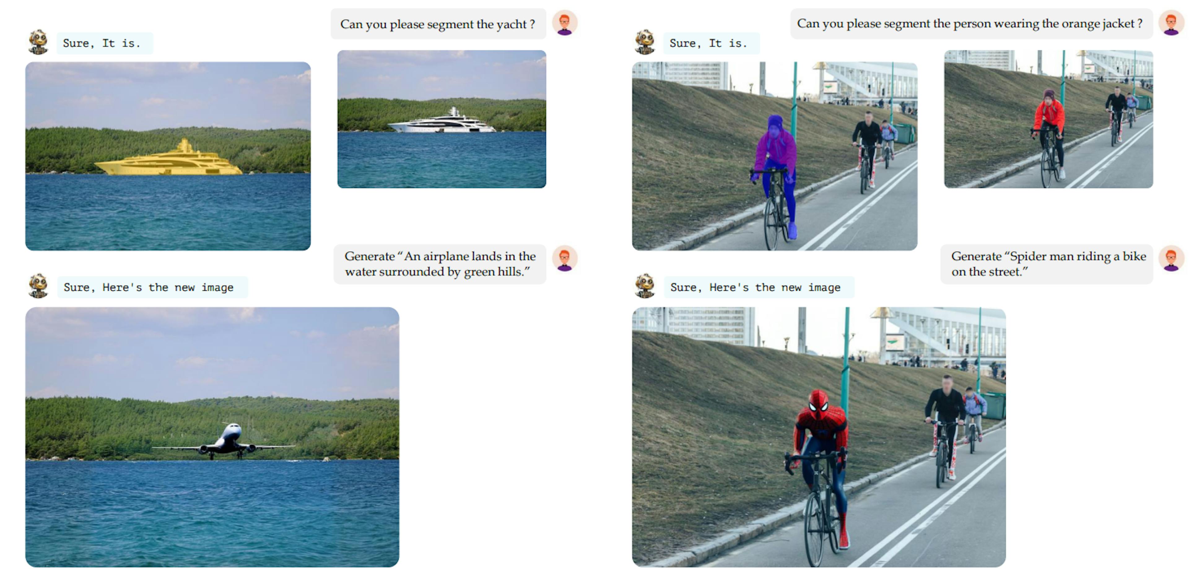 Figure 12. Qualitative results of GLaMM on conditional image generation. The figure shows the integration of GLaMM with an image generation model (stable diffusion). GlaMM first generates the segmentation mask (e.g. "yacht" in the left image and "person wearing orange jacket" in the right image) which is used along with a text prompt as input to the diffusion model to generate the desired images.