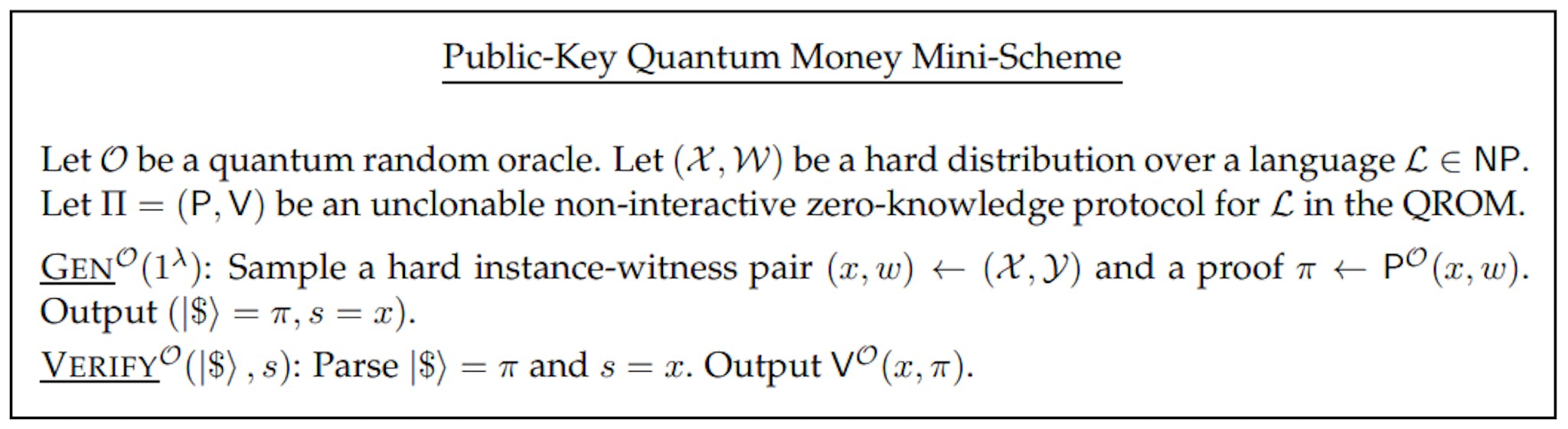 그림 4: 복제 불가능한 비대화형 양자 프로토콜의 공개 키 양자 화폐 미니 체계