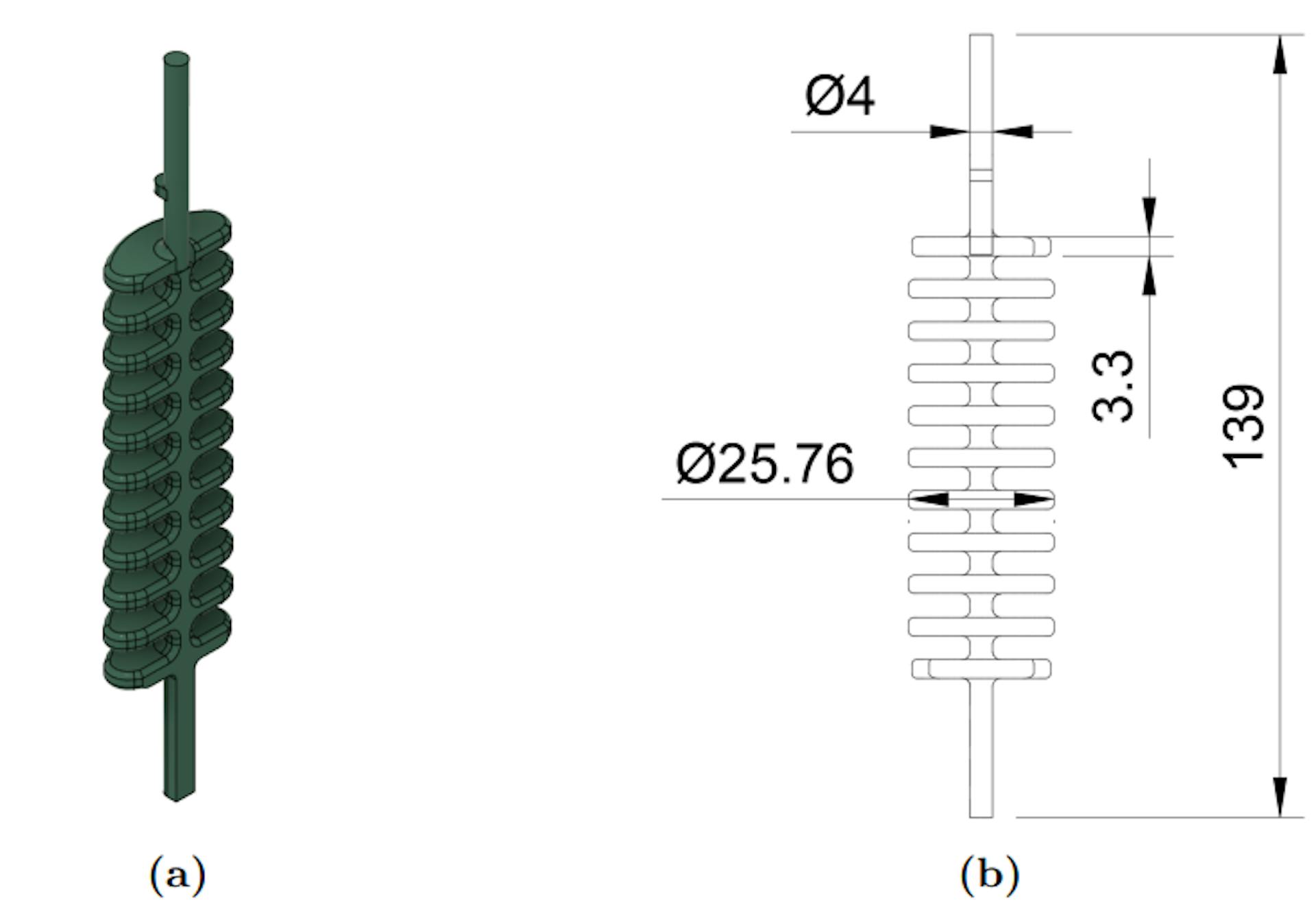 Figure 2. Bladder cores. (a) CAD Model. (b) Dimensioned drawing. All dimensions are in mm. Source: authors.