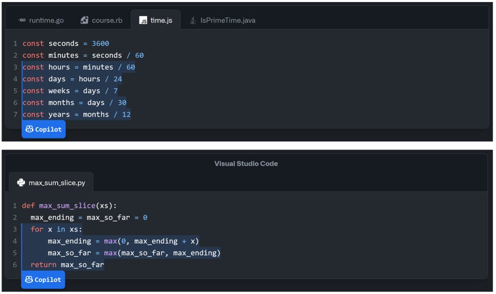Figure 2 – Code generation with GitHub Copilot. The portion highlighted in blue has been generated by the model. Above: a pattern, extrapolated based on two examples. Below: a function body, generated from the signature and the first line. Source: copilot.github.com