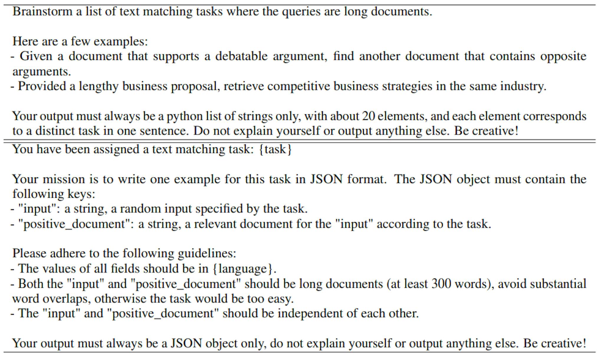 Table 10: Prompt template for the long-long matching subgroup. We do not generate negative documents for latency reasons.