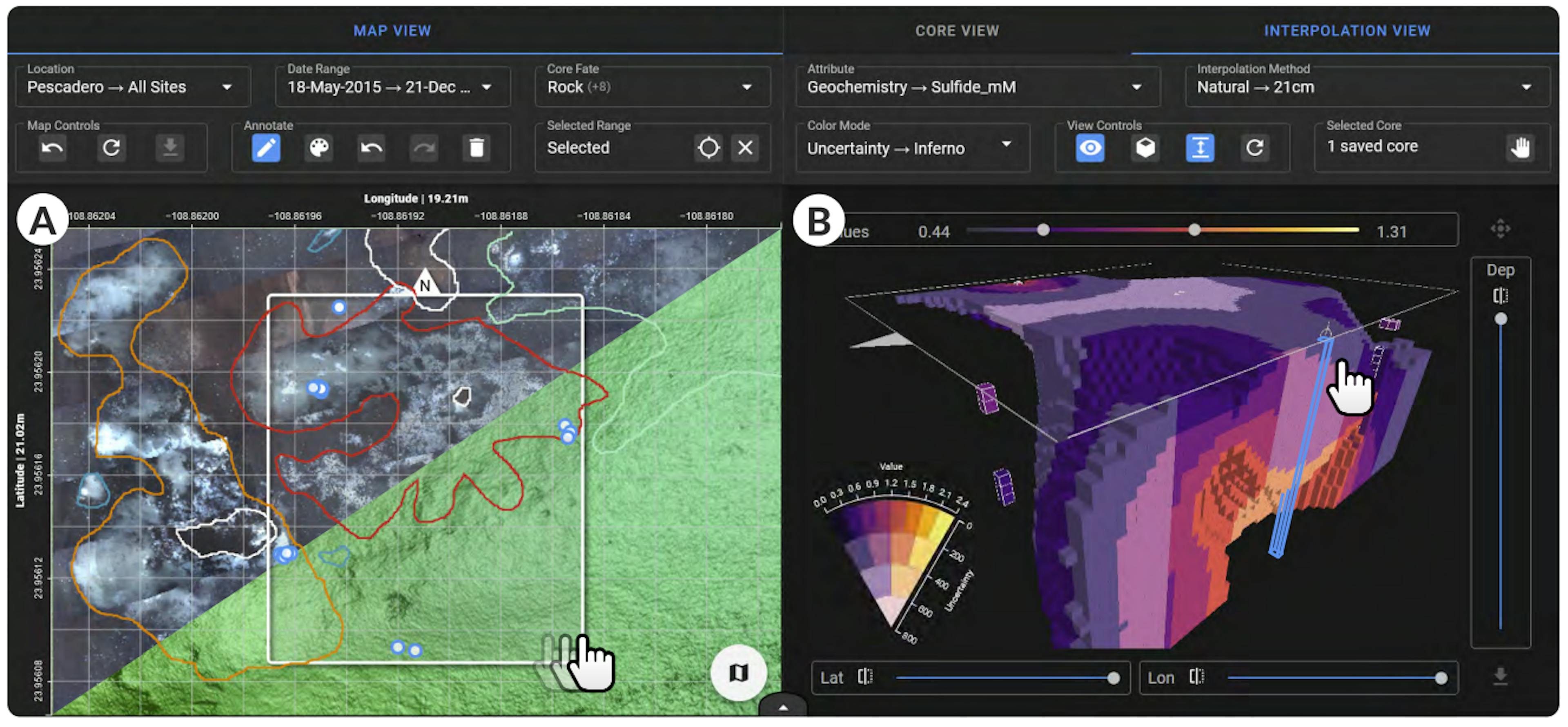 Figure 1: DeepSee presents side-by-side views of 2D geological and biological landscape maps (A) as well as 2D visualizations and 3D interpolations of physical, geochemical, and biological parameter gradients in deep sea sediment cores (B).