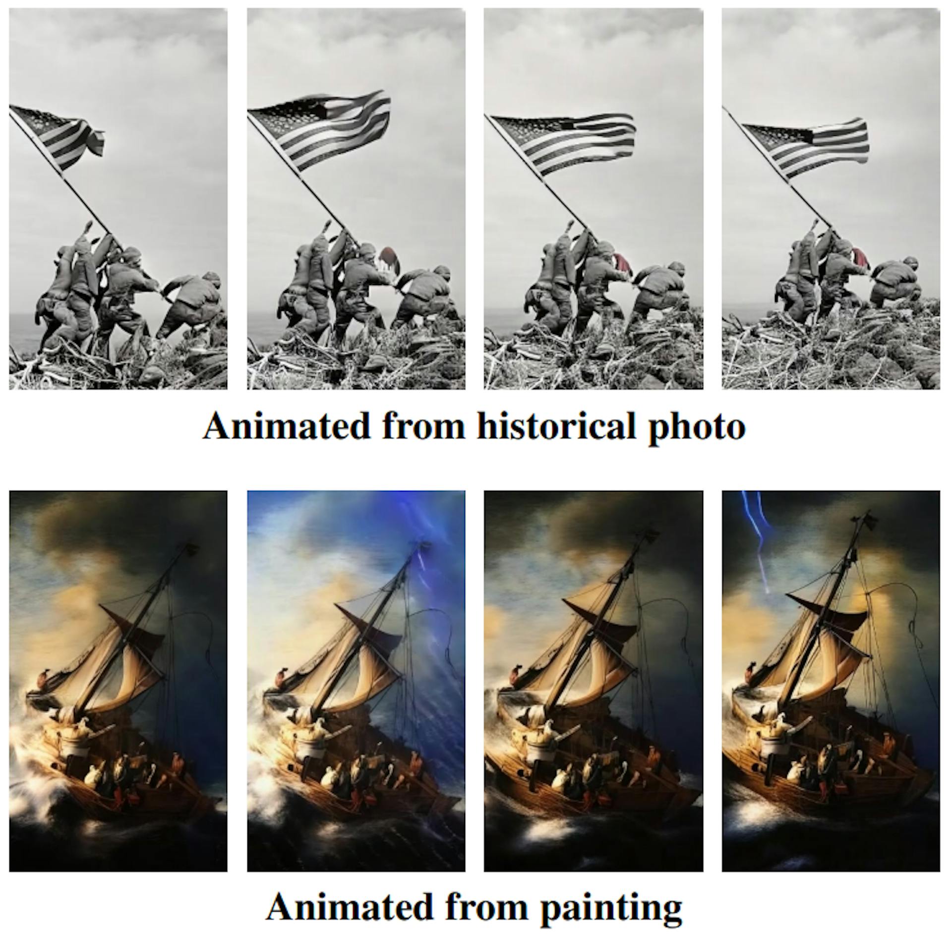 Figure 6: Examples of videos animated from still images plus text prompts tailored to each initial image.