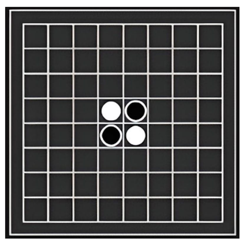 Figure 1. The board of othello. Othello is a two-player strategy game (a fixed initial setup variant of reversi), where players take turns placing disks of their assigned color on the board. Disks have one black and one white side. When placing a disk, any of the opponent’s disks that are in line and bounded by disks of the current player are turned over to the current player’s color. Once the board is full, at the end of the game, the player whose color is assigned to a majority of disks wins the game.