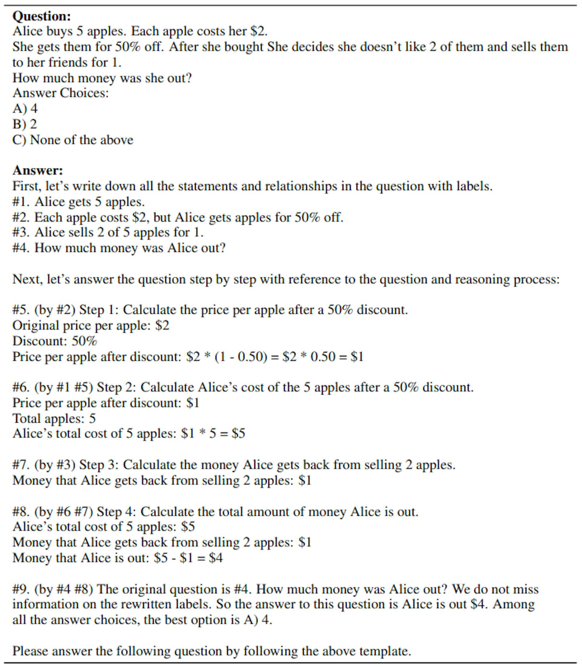 Table 14: One-shot Natural Program prompt for reasoning chain generation on math word problems with multiple choice.