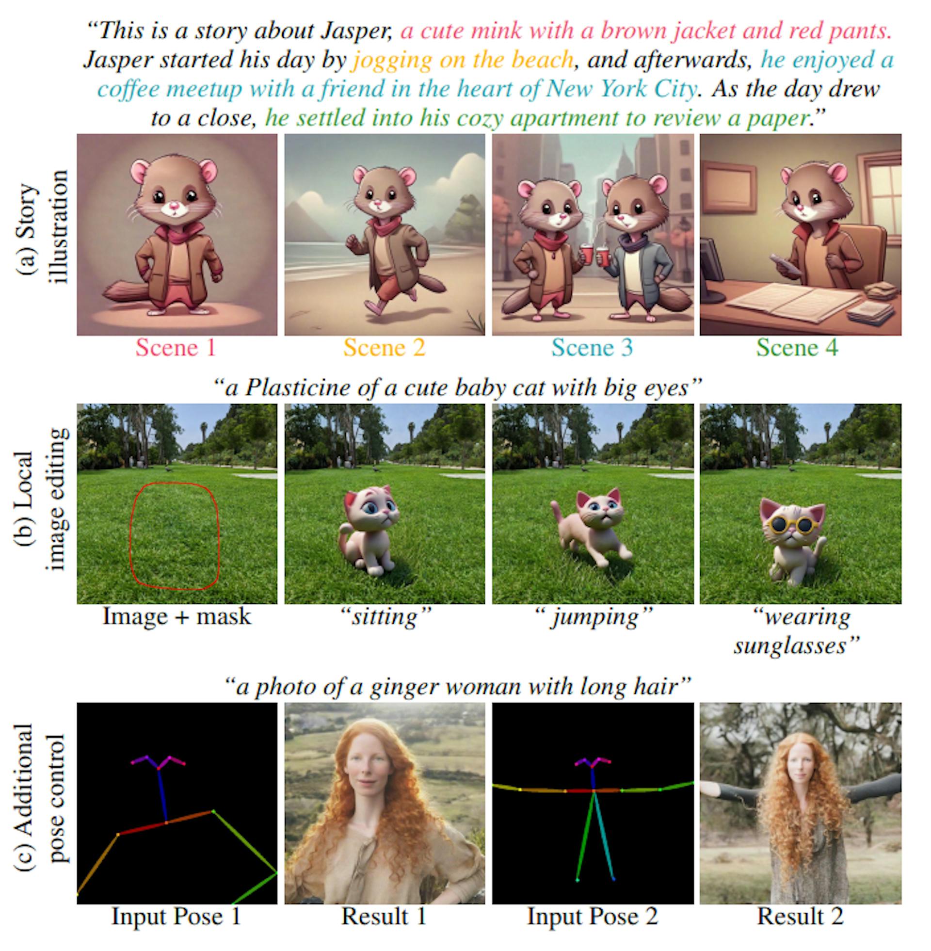 Figure 7. Applications. Our method can be used for various applications: (a) Illustrating a full story with the same consistentcharacter. (b) Local text-driven image editing via integration with Blended Latent Diffusion [5, 7]. (c) Generating a consistent character with an additional pose control via integration with ControlNet [97].