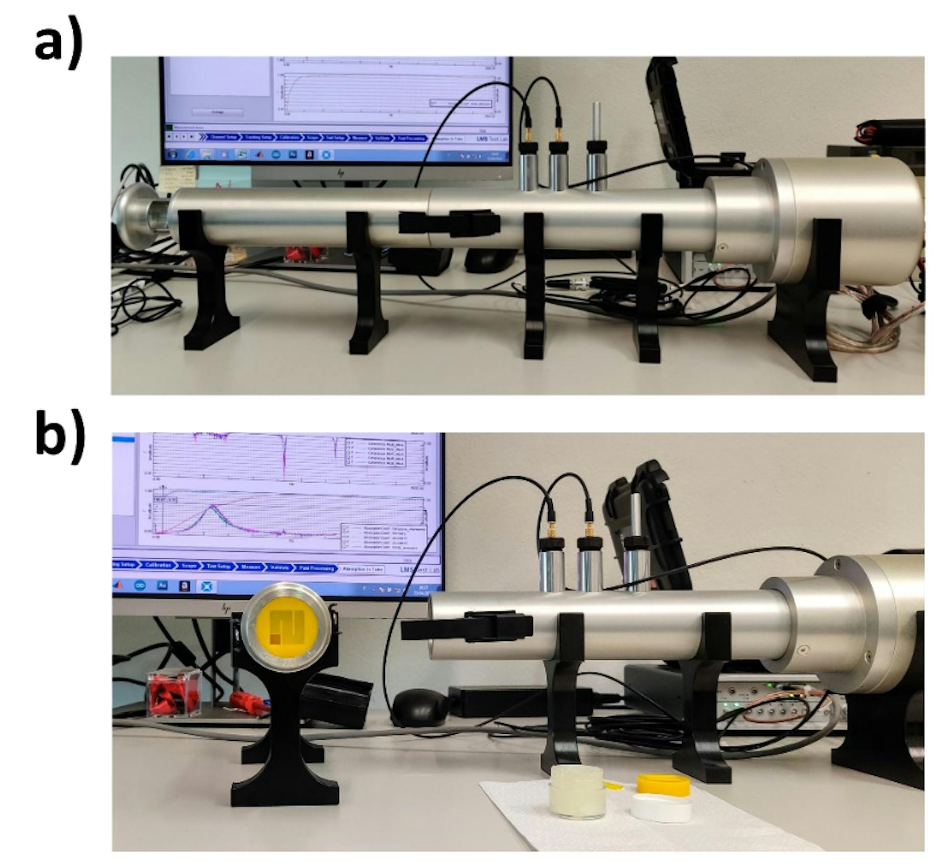 Figure 4: Experimental setup for impedance tube measurements. (a) The complete impedance tube setup. b) Opened tube with sample mounted in its holder.