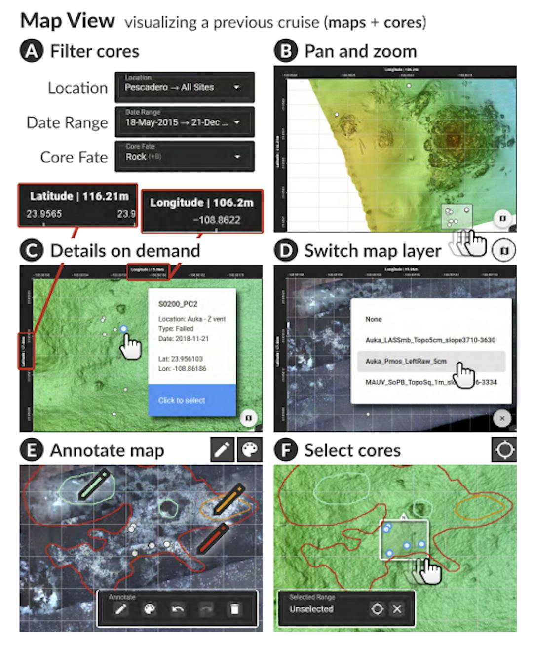 Figure 3: The Map View plots cores by latitude/longitude on a map layer to show the spatial and geographic history of sampling. Users can drill down to cores of interest (A), explore the map (B), see details on demand (C), switch maps on the fly (D), draw annotations (E), and select cores (F) to view in the Core View and Interpolation View.