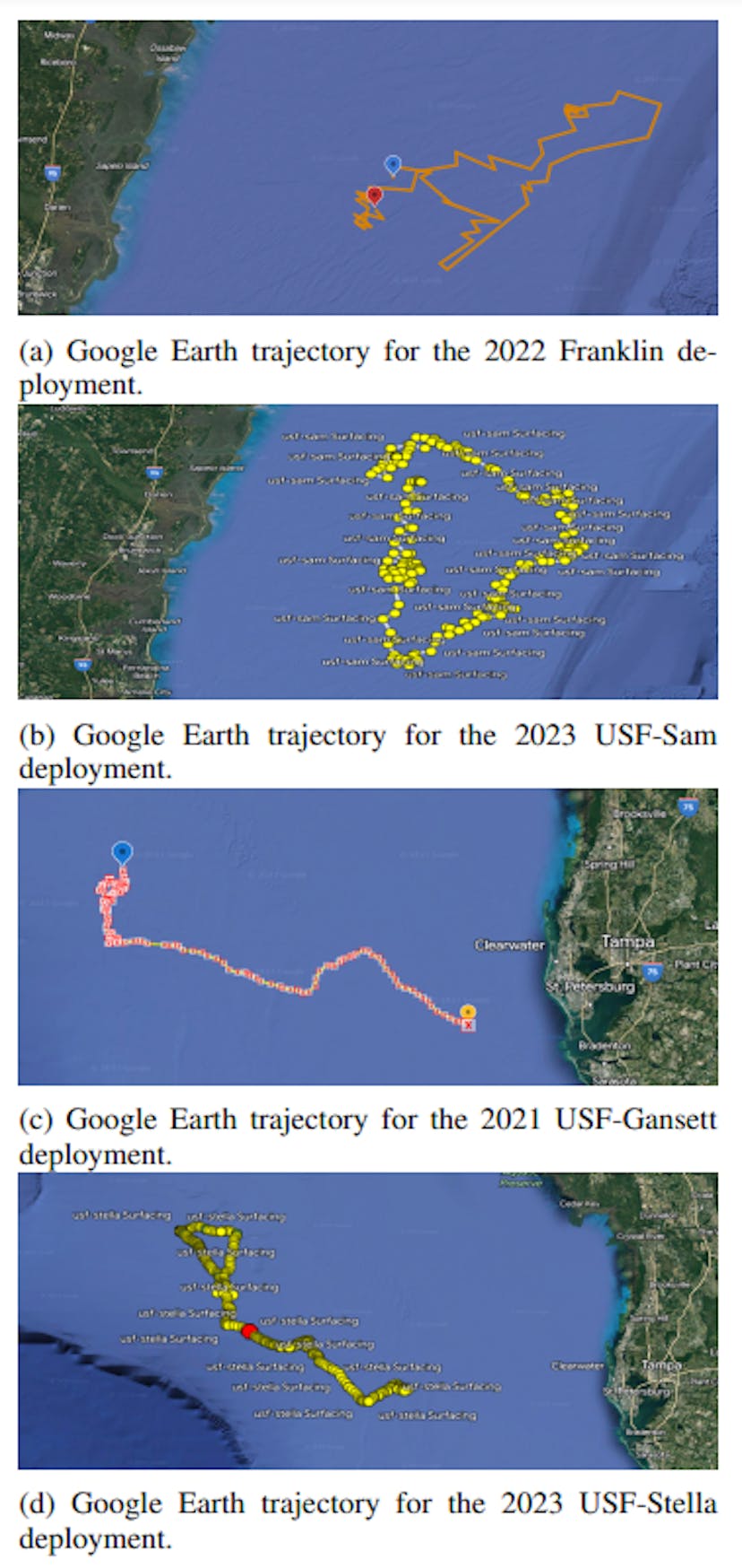 Fig. 2: Google Earth trajectories of glider deployments
