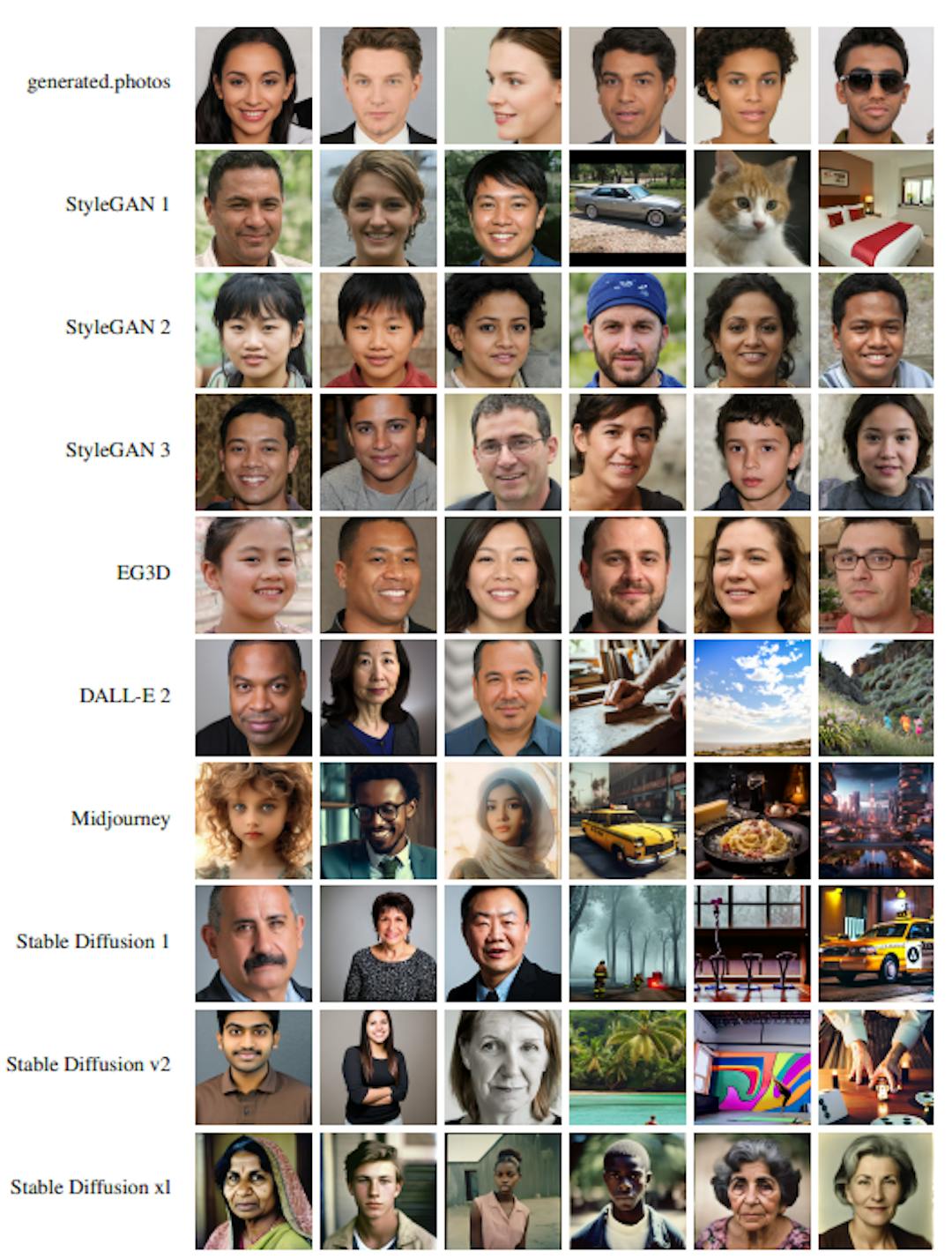 图 2. 我们在训练和评估中使用的 AI 生成图像的代表性示例（另见表 1）。一些合成引擎仅用于生成人脸，而另一些则用于合成人脸和非人脸。为了尊重用户隐私，我们不展示真实照片的示例。