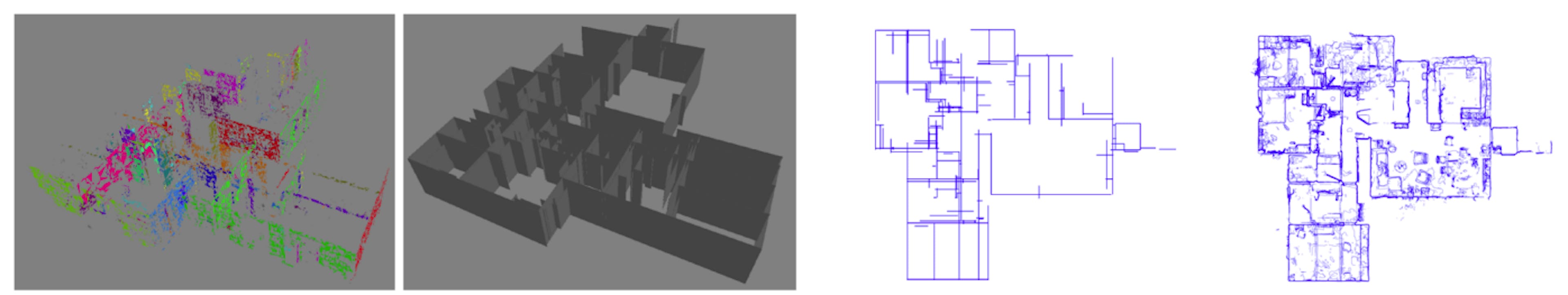 Fig. 14. First: DBSCAN clustering results for B2. Second: plane-fitted flat walls. Third: drafting-style floor plan. Fourth: (c) pen-and-ink style floor plan.