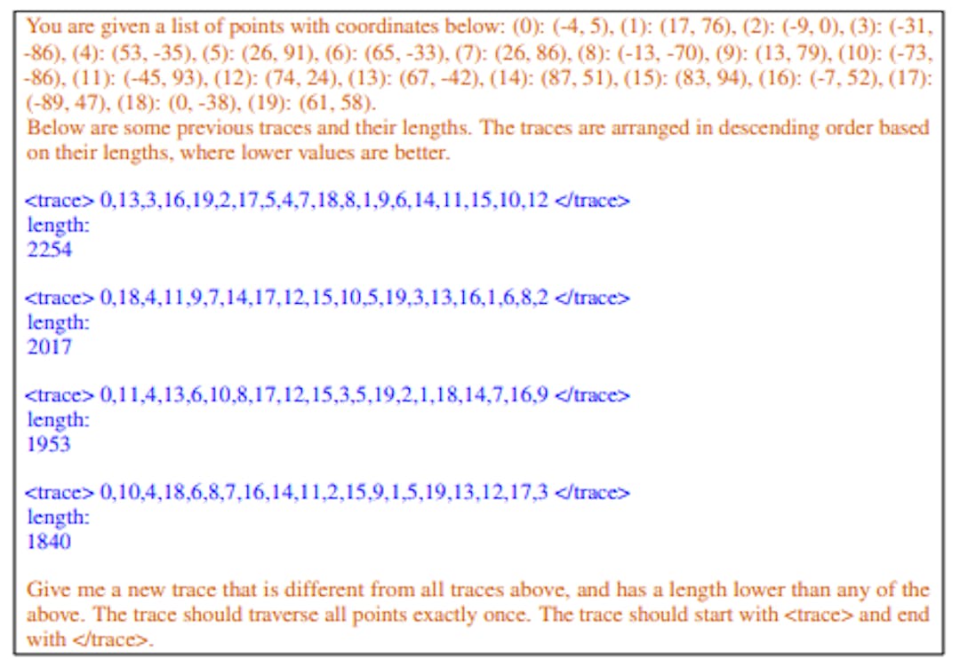 Figure 20: An example of the meta-prompt for Traveling Salesman Problems with problem sizen = 20. The blue text contains solution-score pairs; the orange text are meta-instructions.