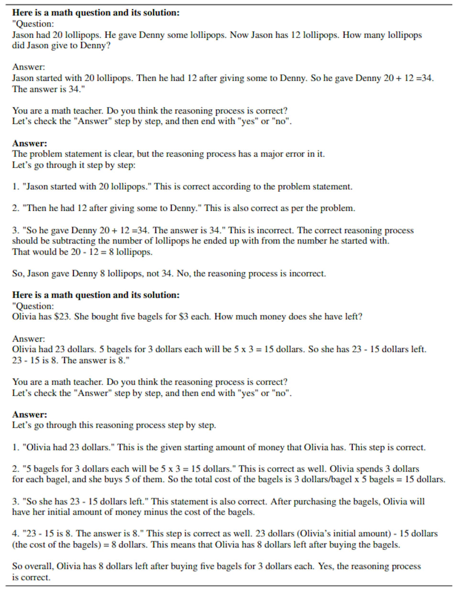 Table 12: Two-shot prompt for direct reasoning chain verification without Natural Program format.