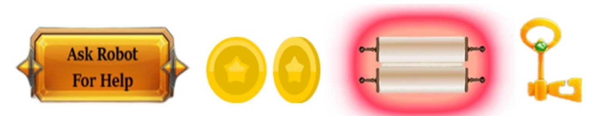 Fig. 2: Different game elements such as the help button (social interaction), points (gold coins), scroll, key (rewards).