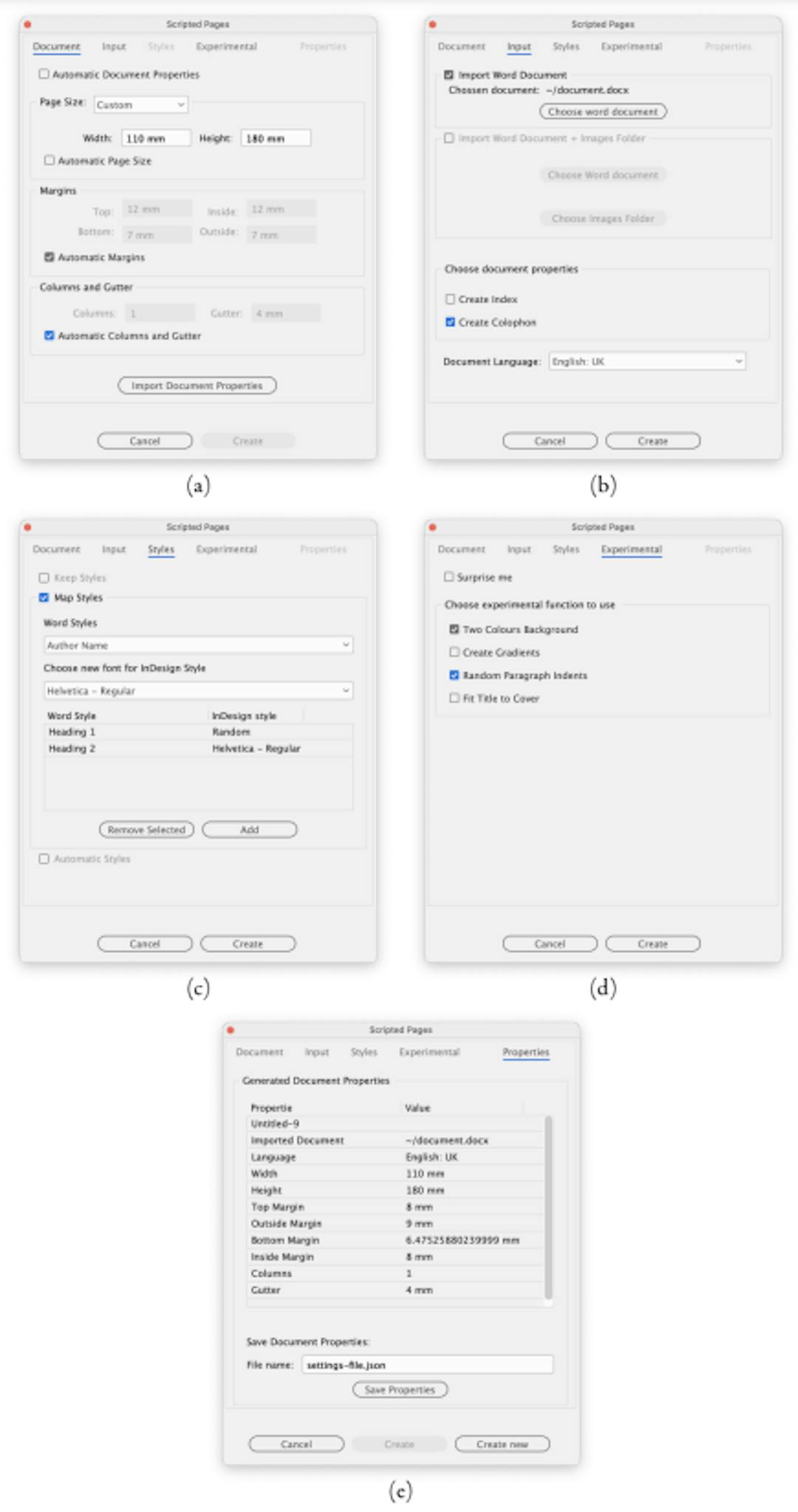 Figure 2. Snapshots of the system, showing the five different tabs of the user interface: (a) Document, (b) Input, (c) Styles, (d) Experimental and (e) Properties. Demonstration videos of the system can be found in the supplementary files.