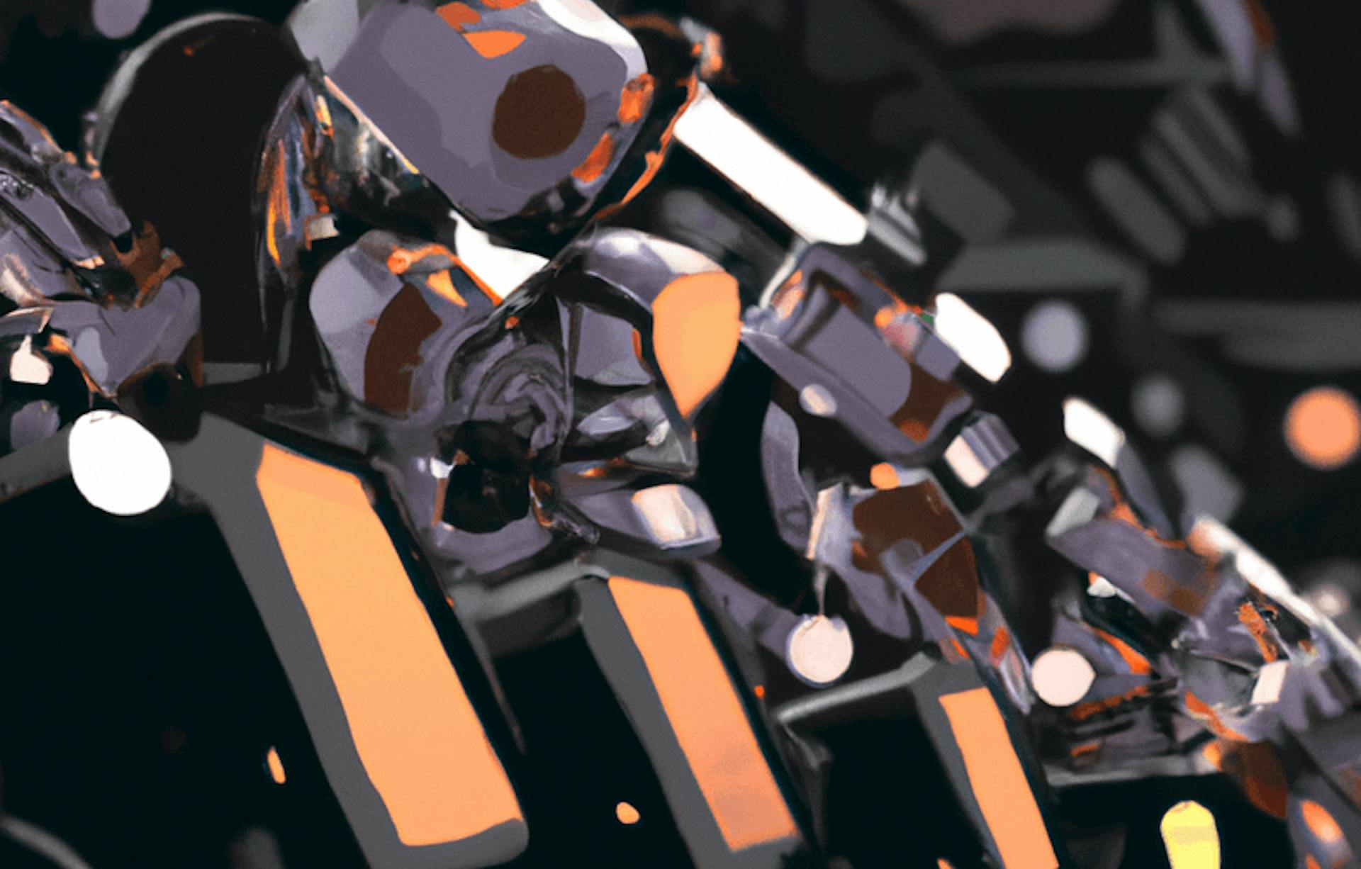 Dall-e: “A cyberpunk digital art of robots on the line doing repetitive work.”