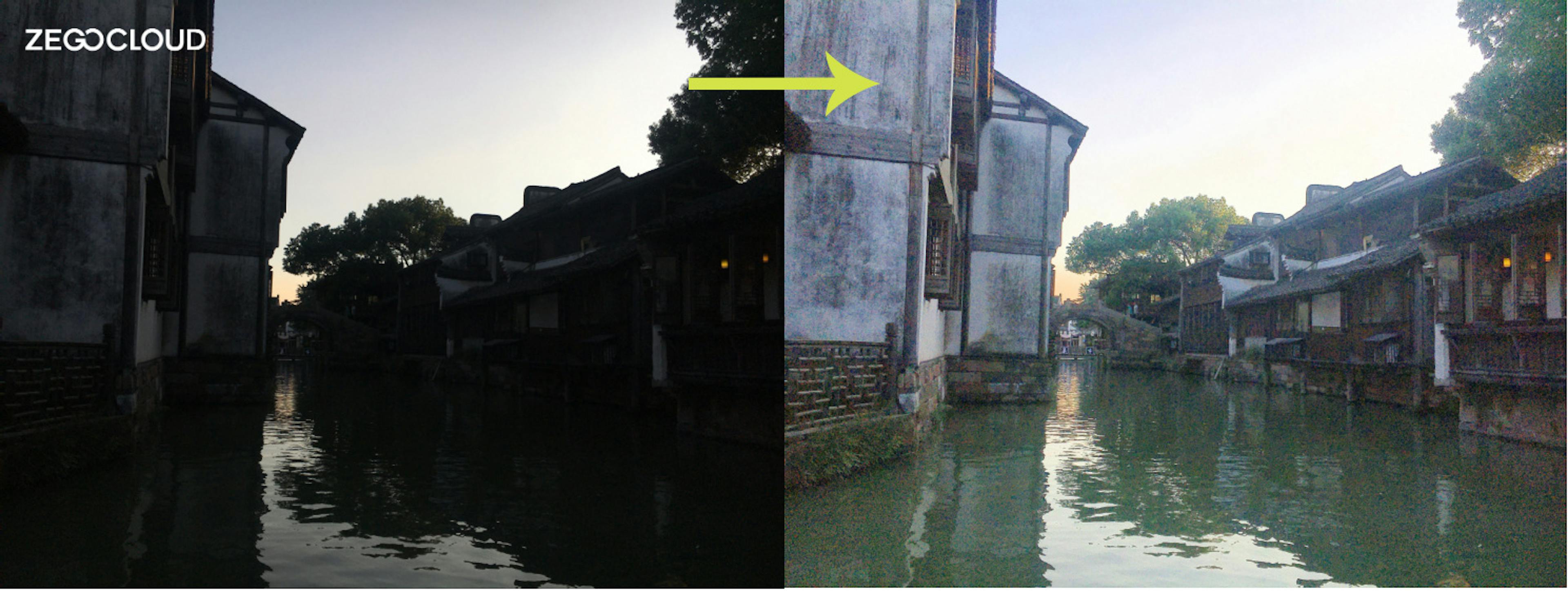 A Wuzhen waterway at sunset, before and after low-light enhancement