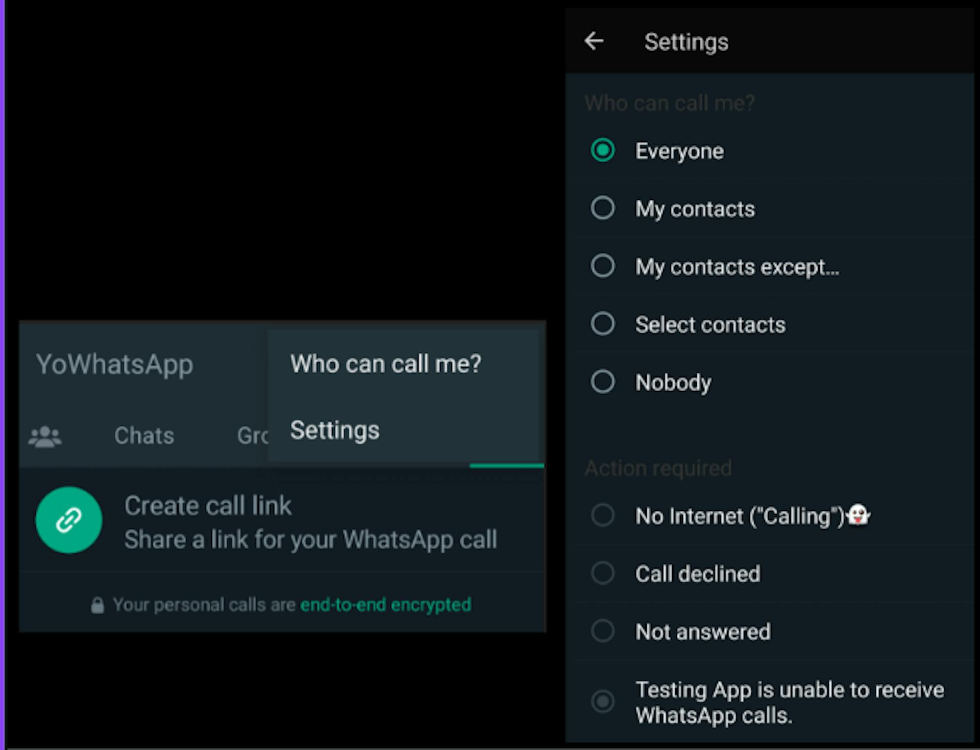 Call settings internet call blocking feature on YoWhatsApp