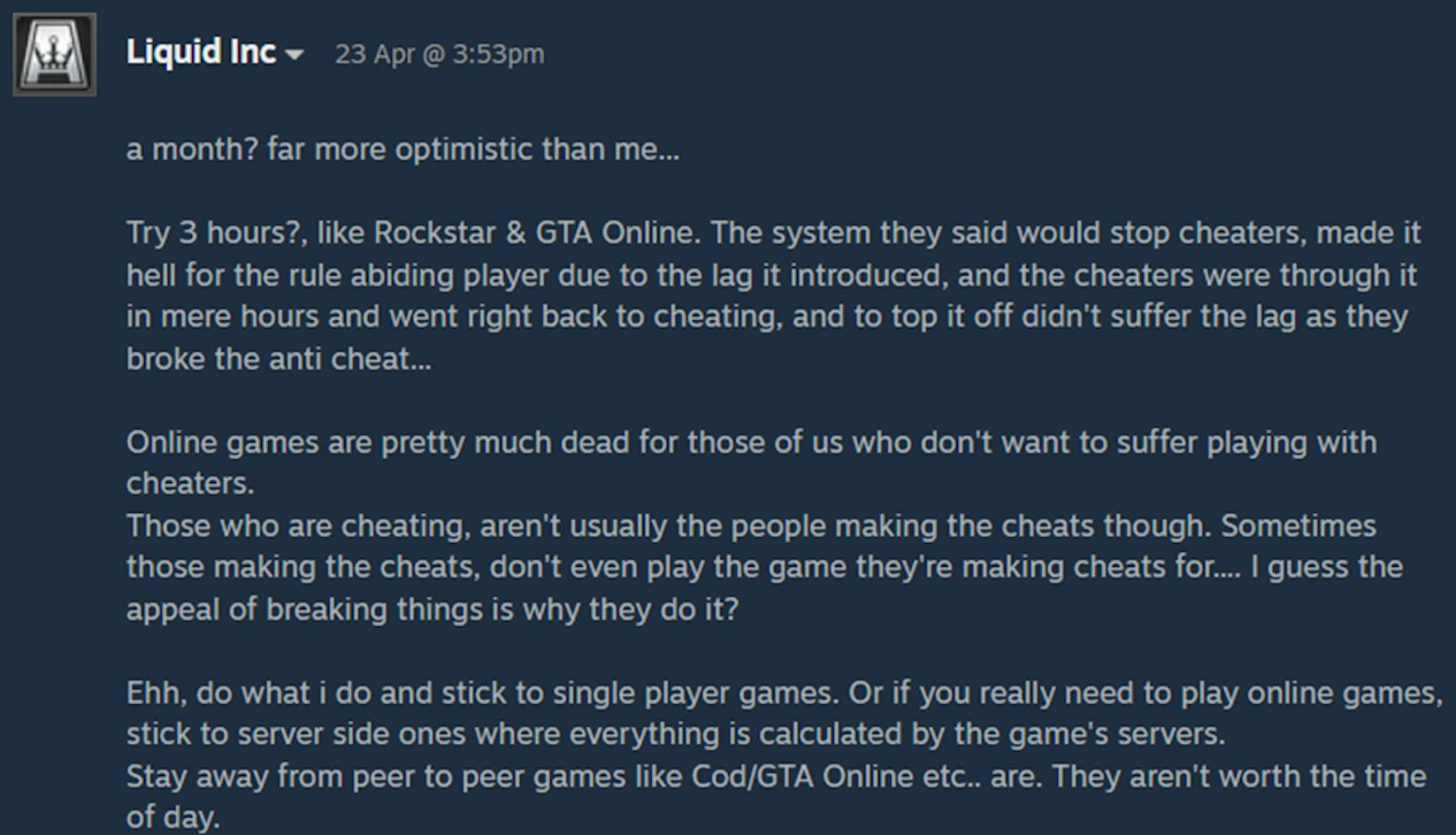 Hình ảnh trên cho thấy sự thất vọng của một người chơi trên diễn đàn Steam, và có rất nhiều người giống anh ta cho rằng đó là điều vô vọng.