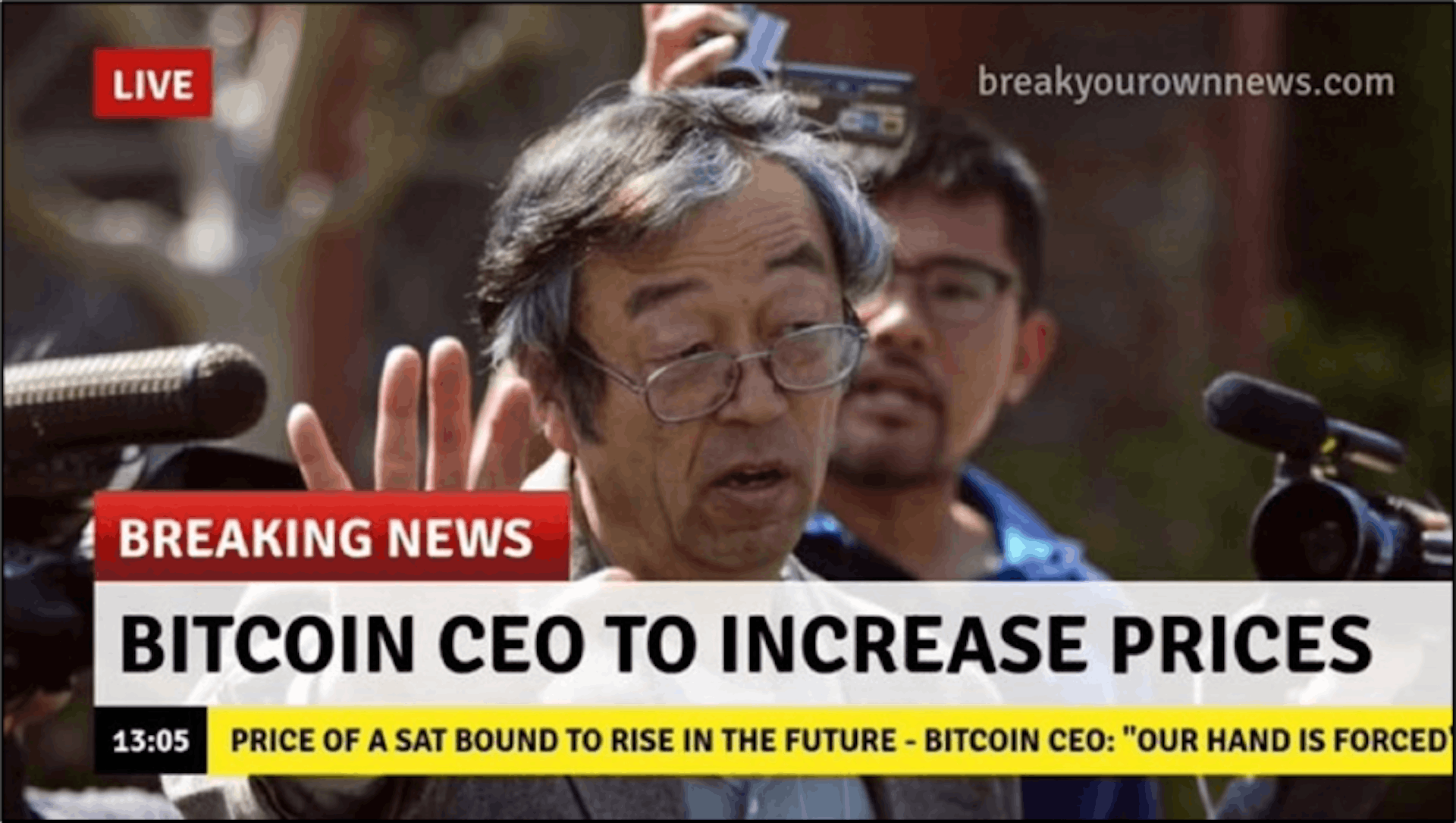 Um perplexo Dorian Nakamoto falando à imprensa é uma fonte de muitos memes Bitcoin