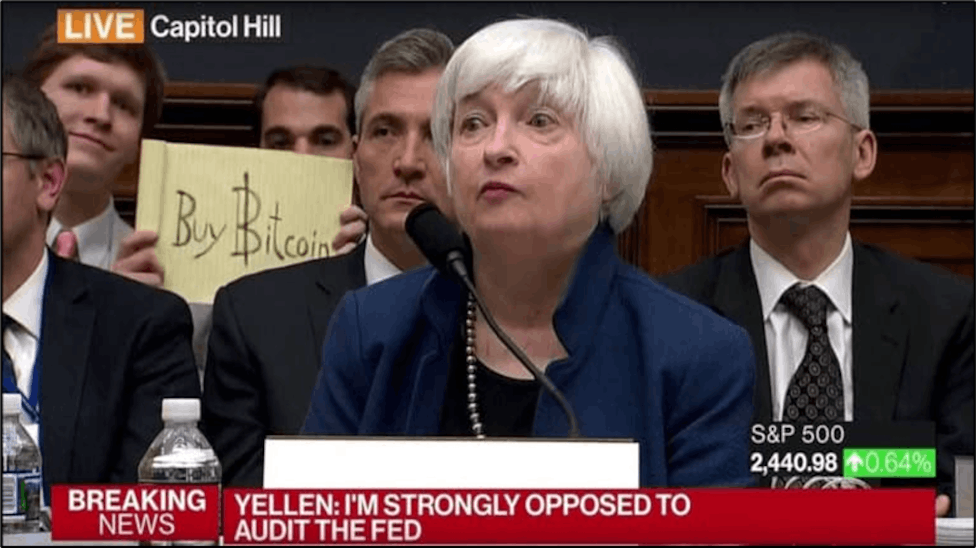 July 2017: Birth of an iconic meme. “Bitcoin Sign Guy” Christian Langalis photobombs Janet Yellen