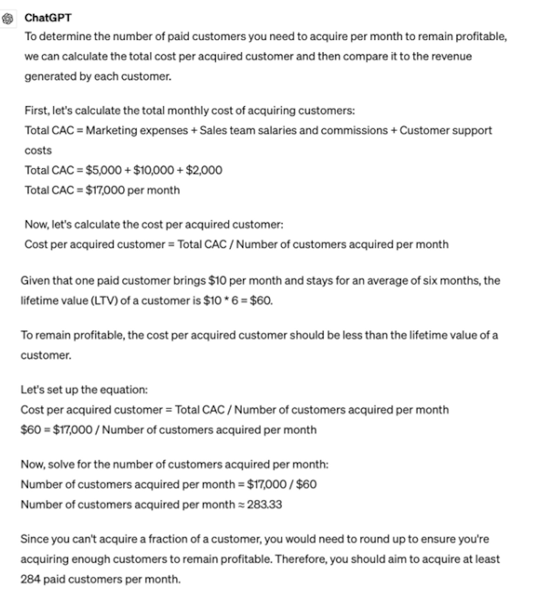 The ChatGPT’s answer for estimating unit economics for marketing expenses 