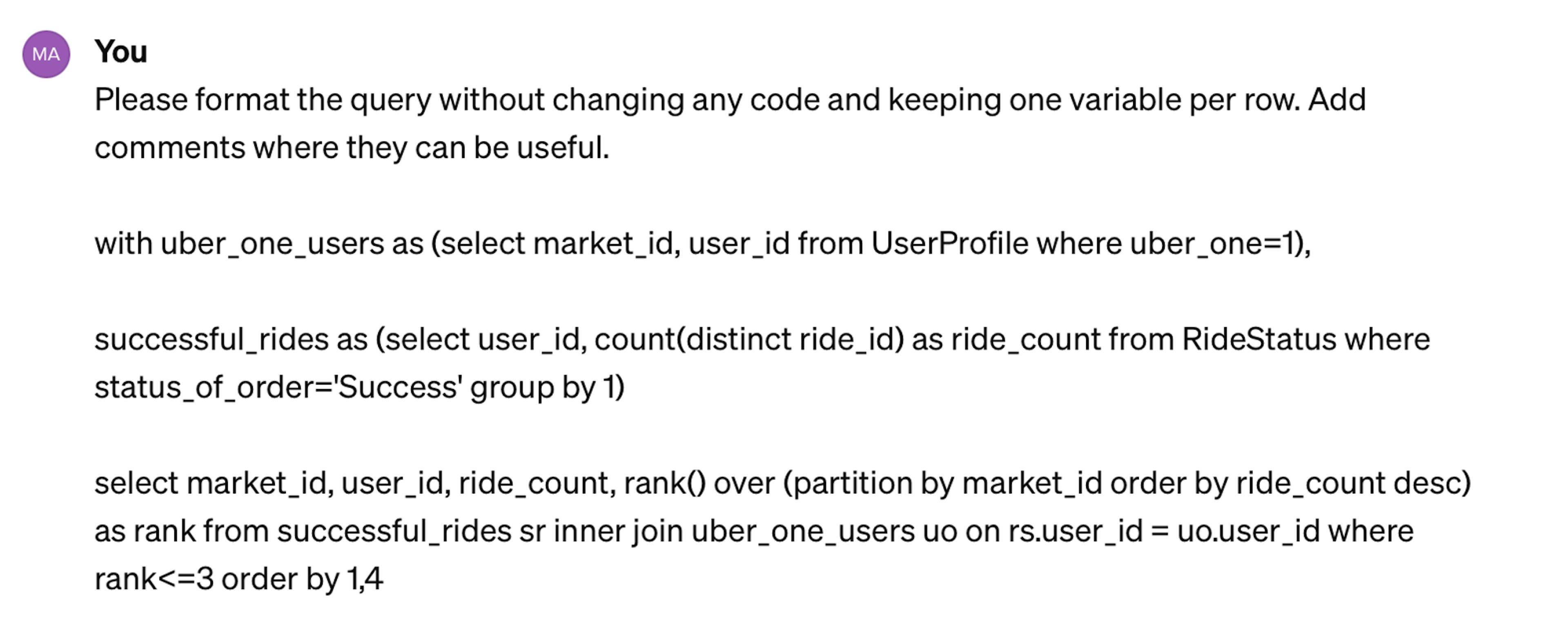 The ChatGPT prompt example for formatting the SQL code