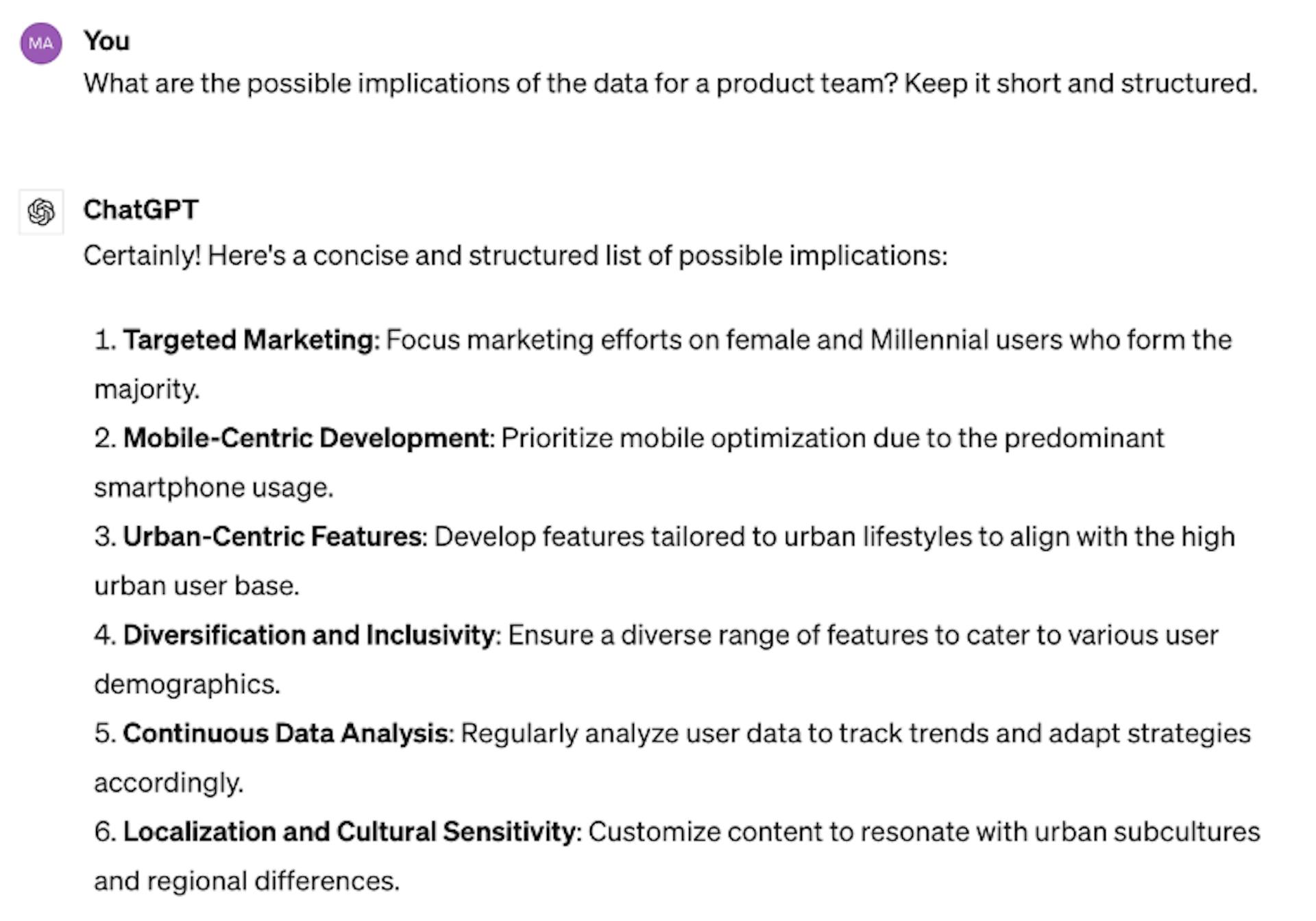 The ChatGPT’s answer for structuring data for a presentation slide