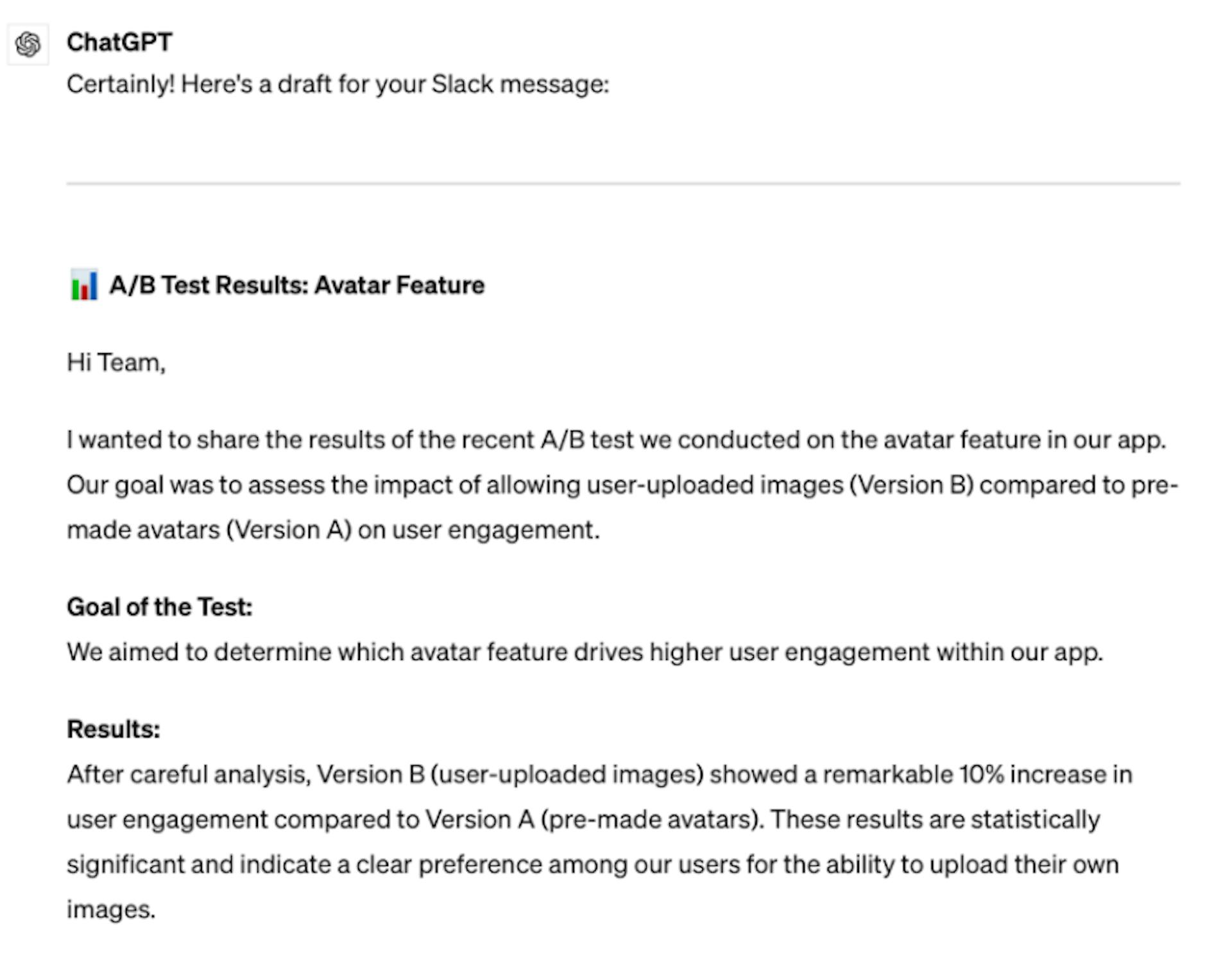 The ChatGPT’s answer for structuring A/B test results 