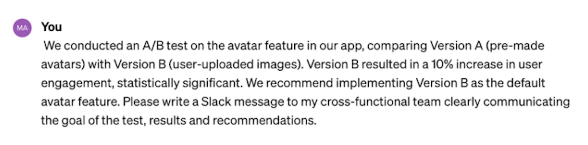 The ChatGPT prompt example for structuring A/B test results