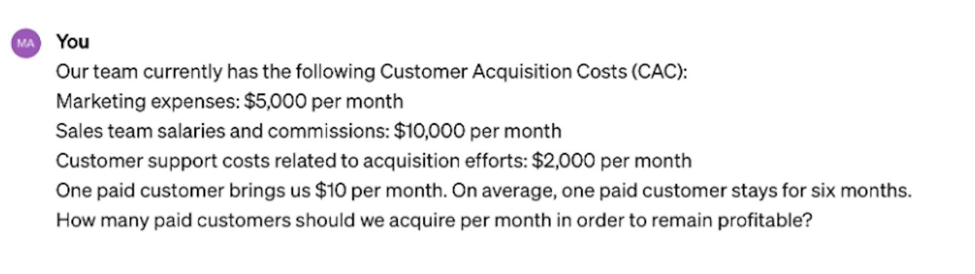 The ChatGPT prompt example for estimating unit economics for marketing expenses 