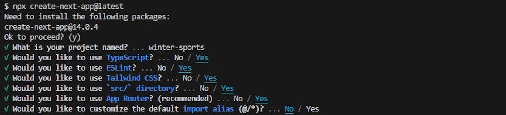 Asistente de configuración de NextJS en la terminal