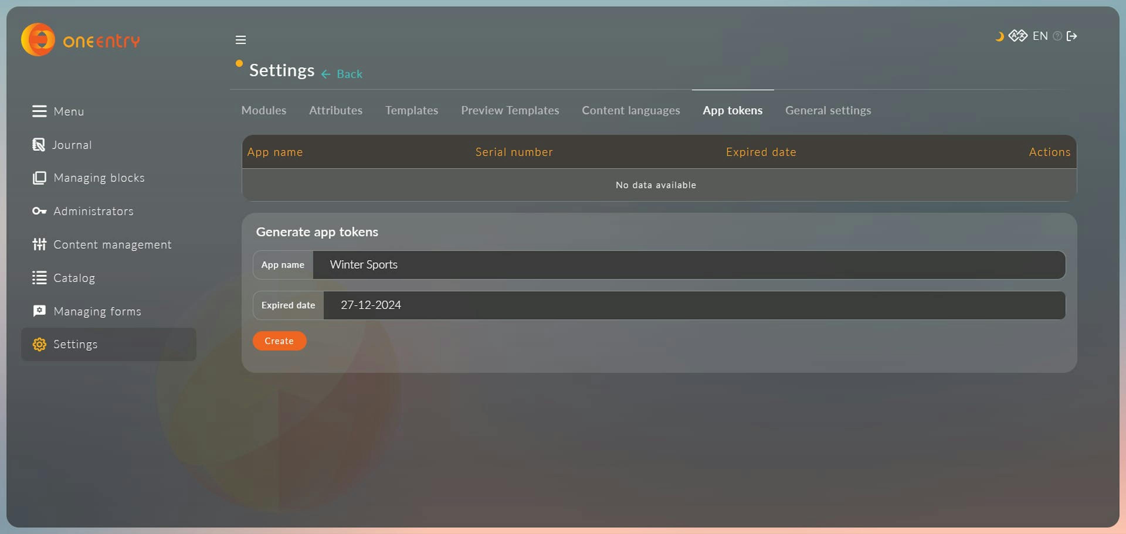 OneEntry CMS - create app token