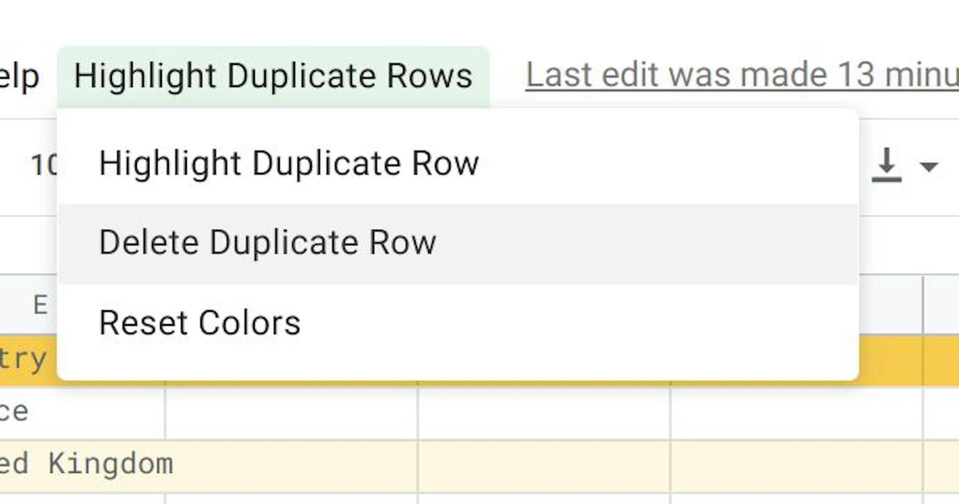 Highlight and Delete Duplicate Rows Menu