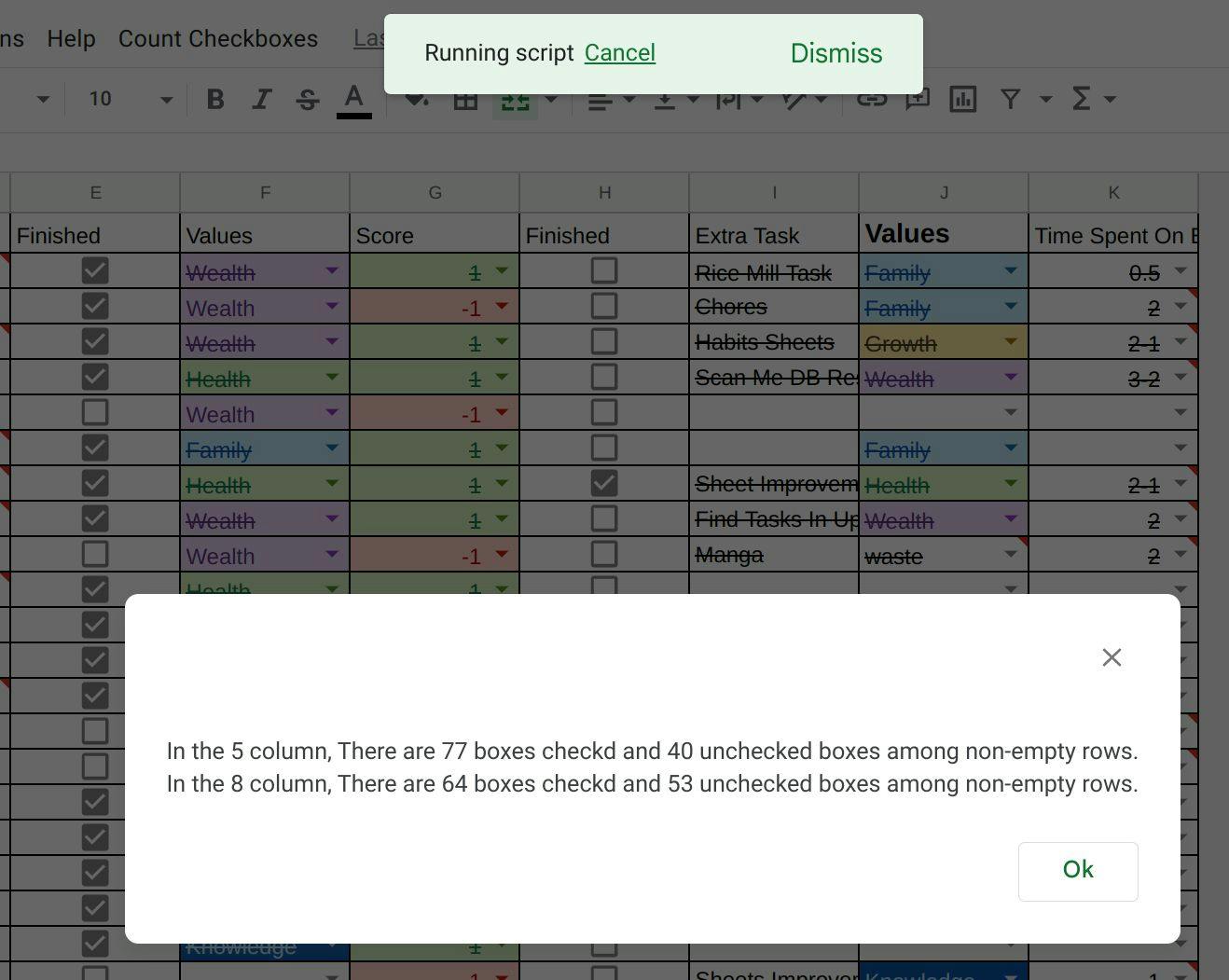 Использование скрипта приложений для подсчета флажков в Google Sheets