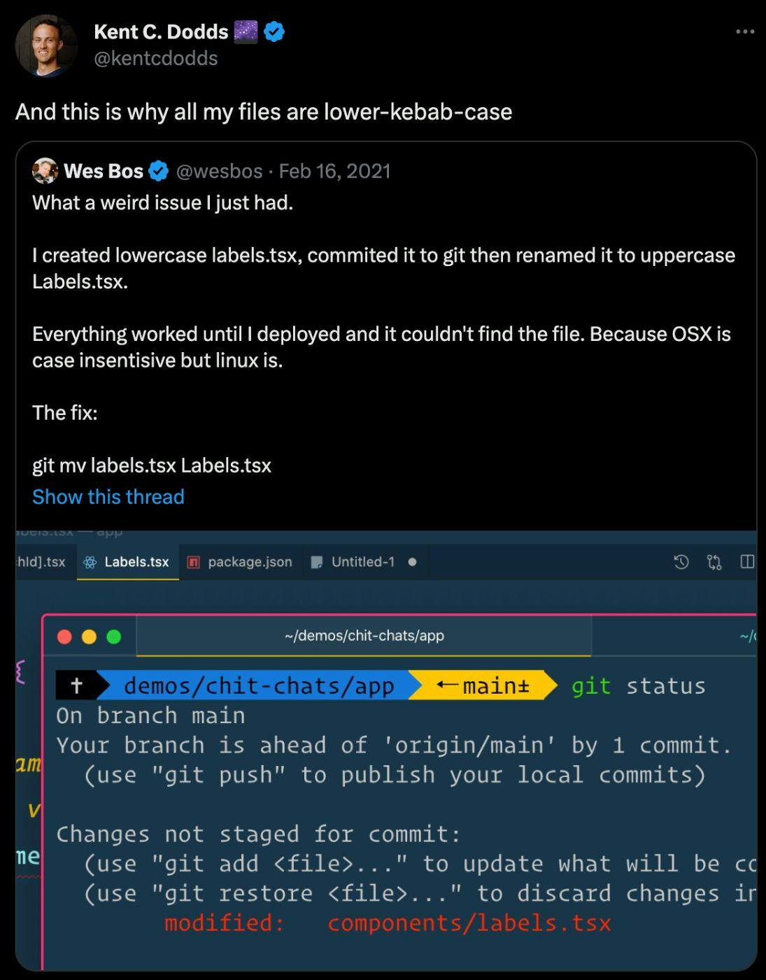 Kent C. Dodds post on twitter about why he is using kebab-case for all files.