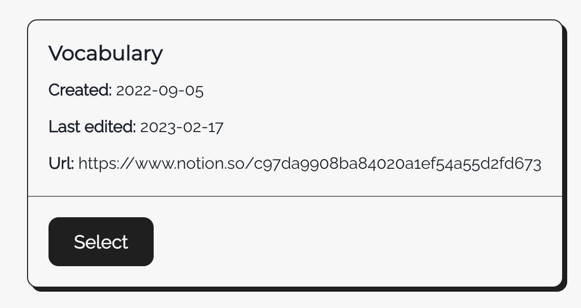 AvailableNotionDatabase component with header and base pieces of information about Notion database.