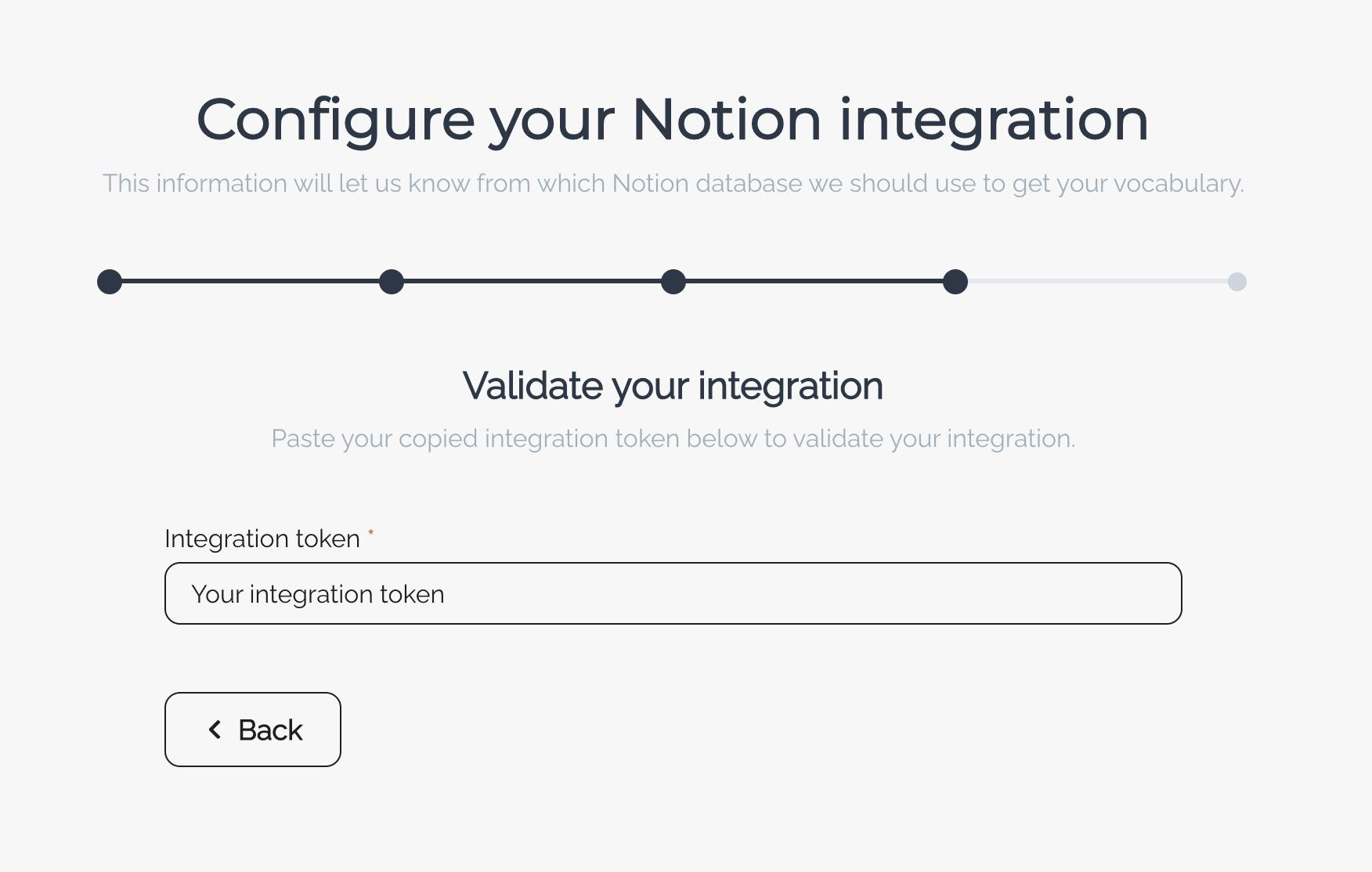 Step 4 of the onboarding process in the NotionLingo case study application.