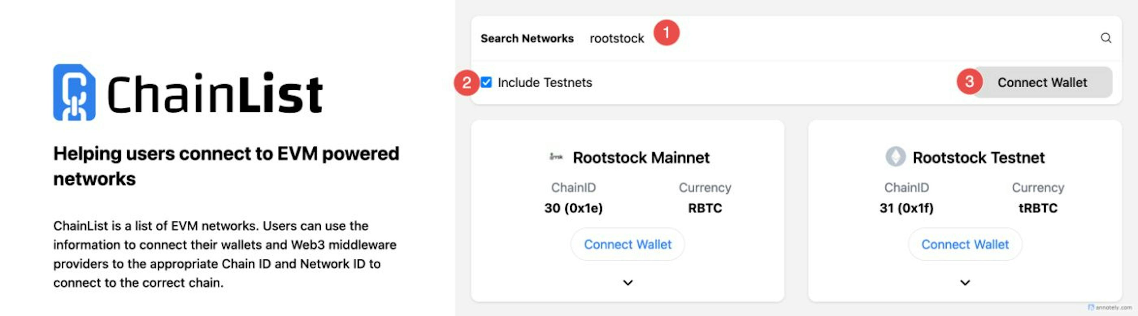 ChainList showing rootstock as search network with Testnets included