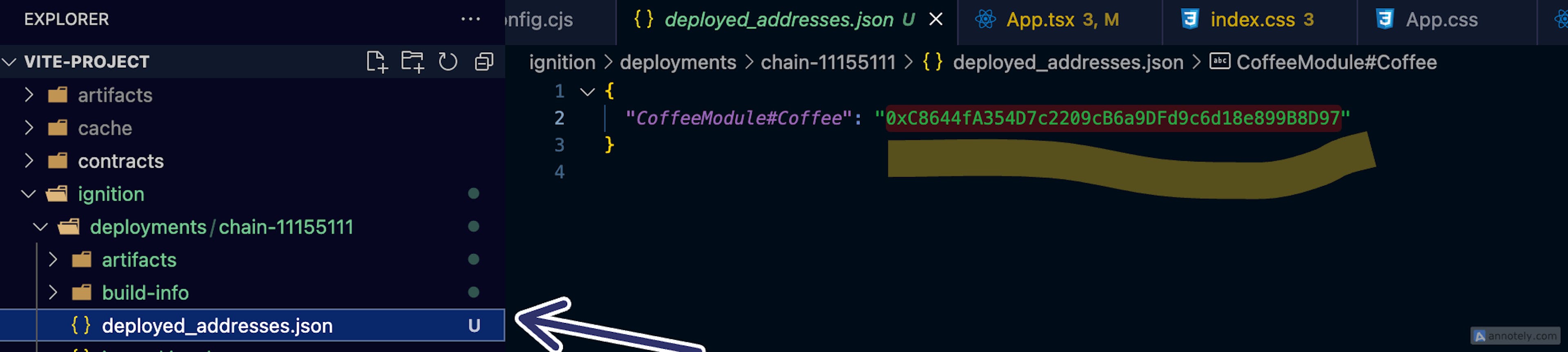 Képernyőkép egy Vite-Project fájlkezelőről és egy deployed_addresses.json fájlról.