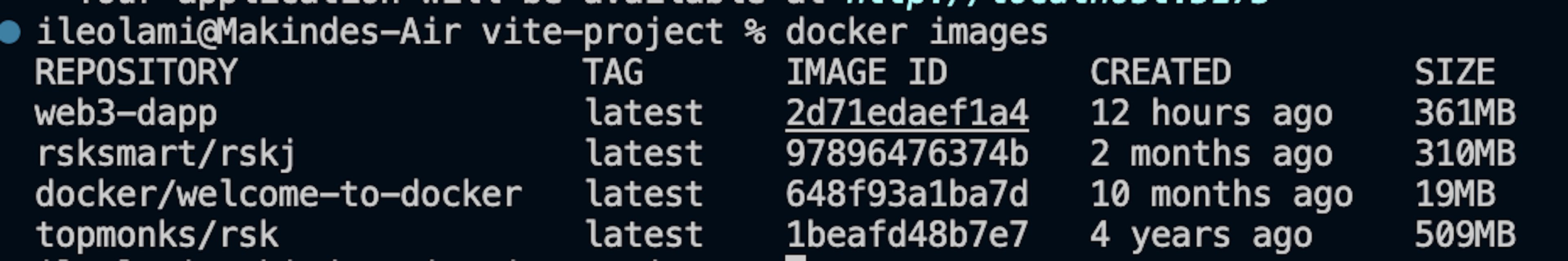 Captura de pantalla dunha xanela de terminal que mostra a saída do comando "imaxes docker".